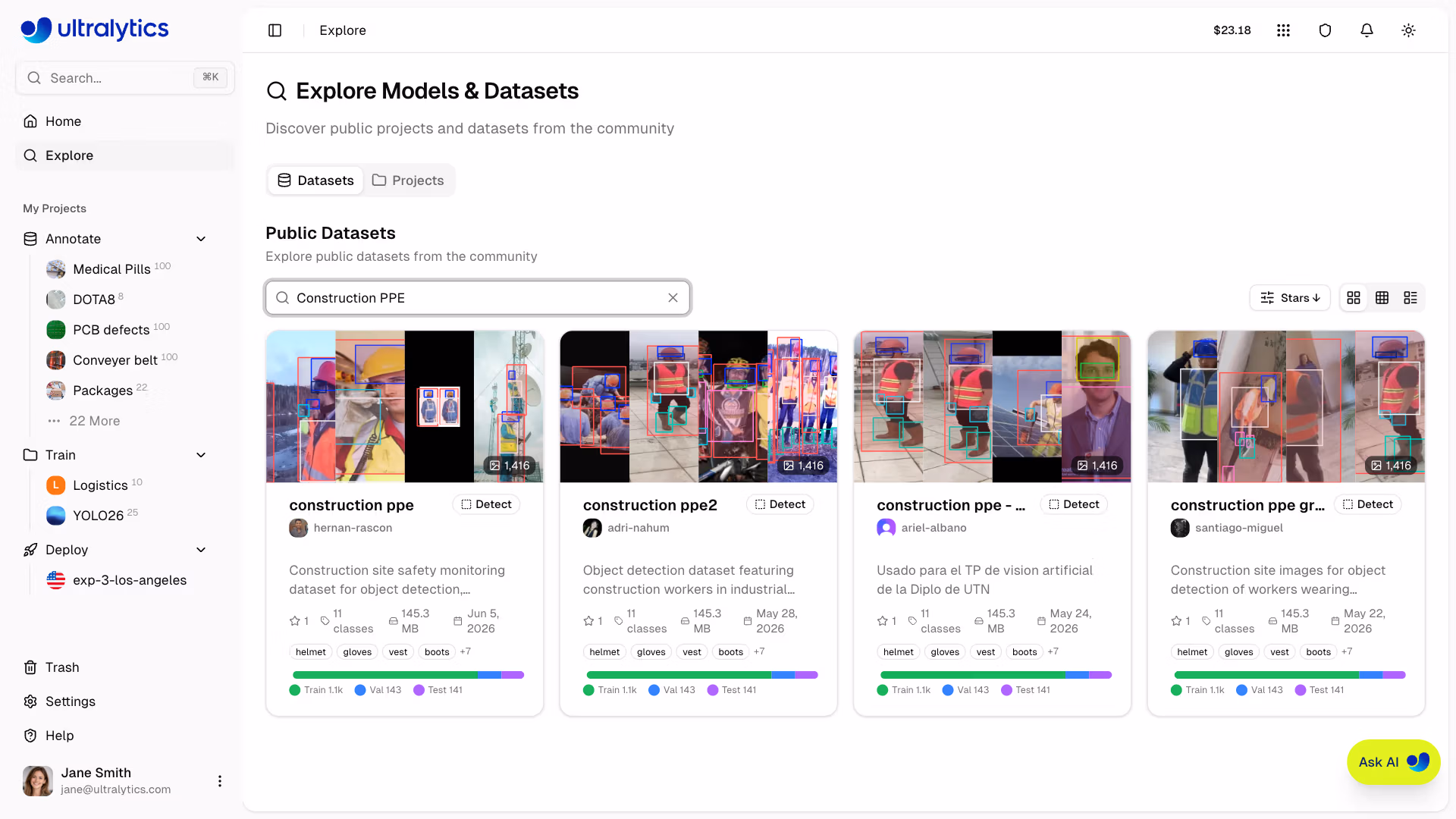 Ultralytics Platform Explore Datasets Tab With Search