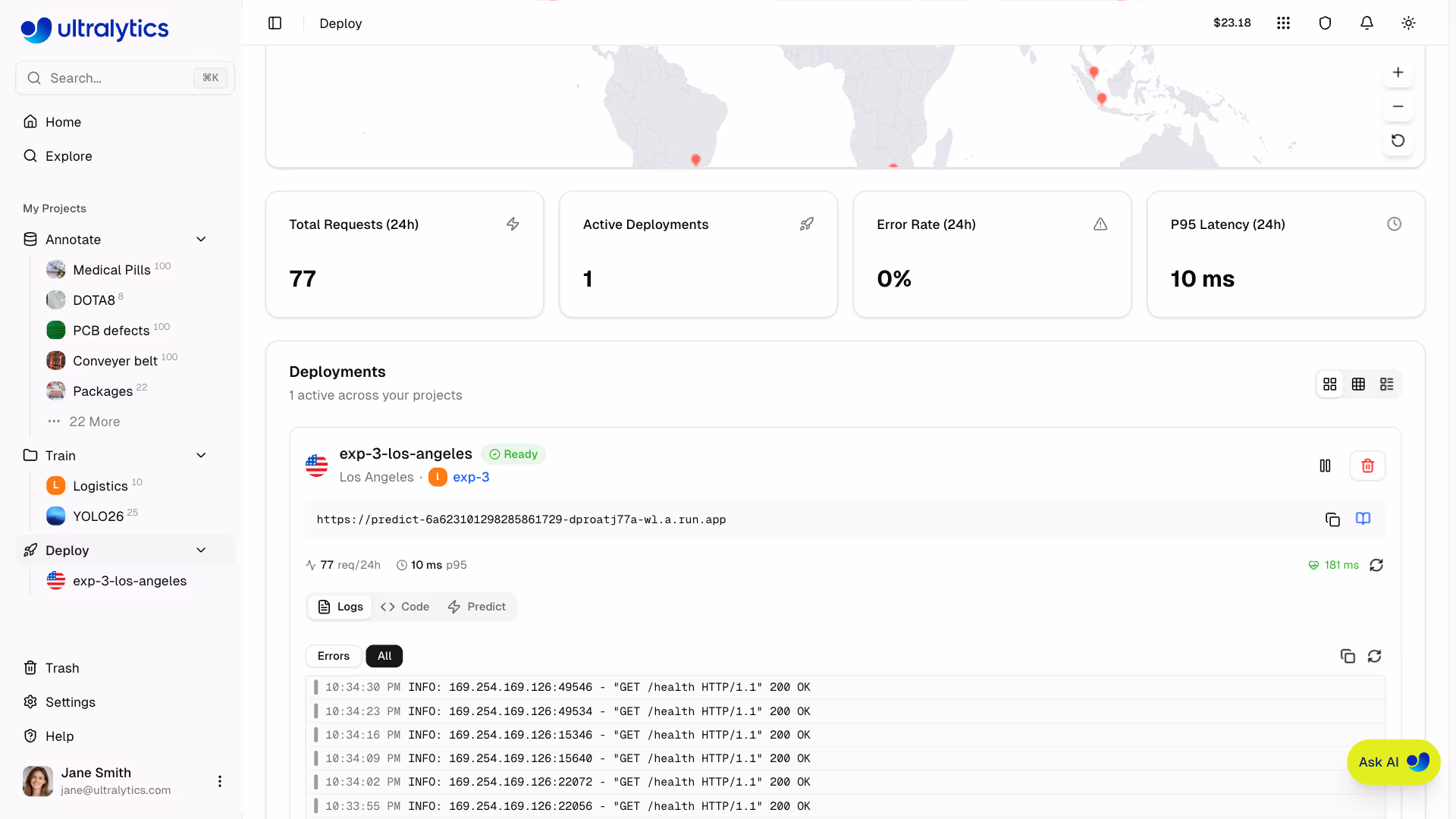 Ultralytics Platform Deployment Card Logs Tab With Severity Filter