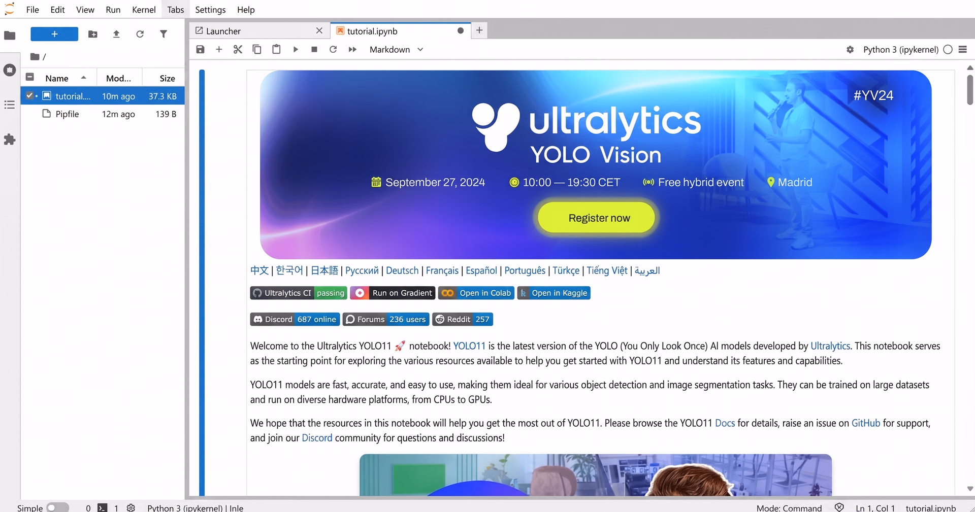 Opening the Ultralytics YOLO11 tutorial.ipynb notebook in JupyterLab's interface