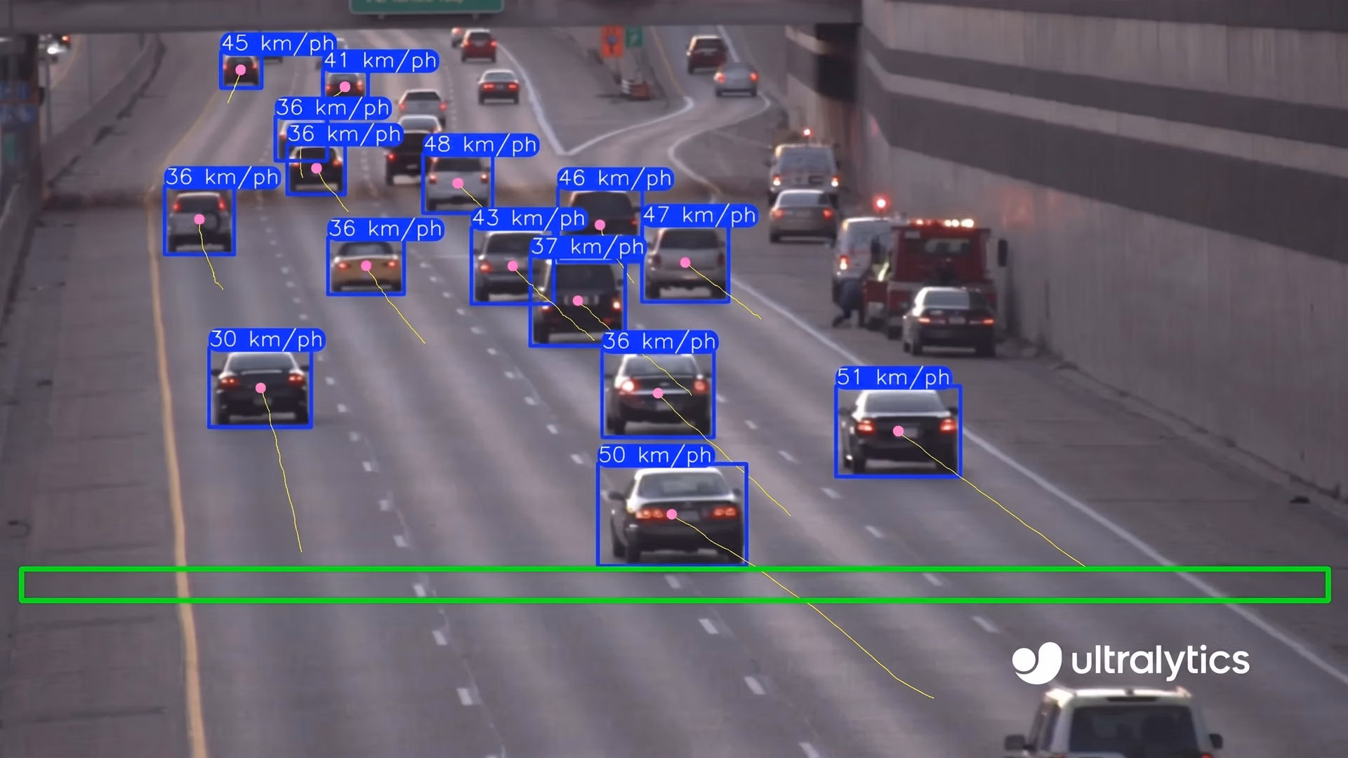 Ultralytics YOLO11 estimating vehicle speeds on a highway