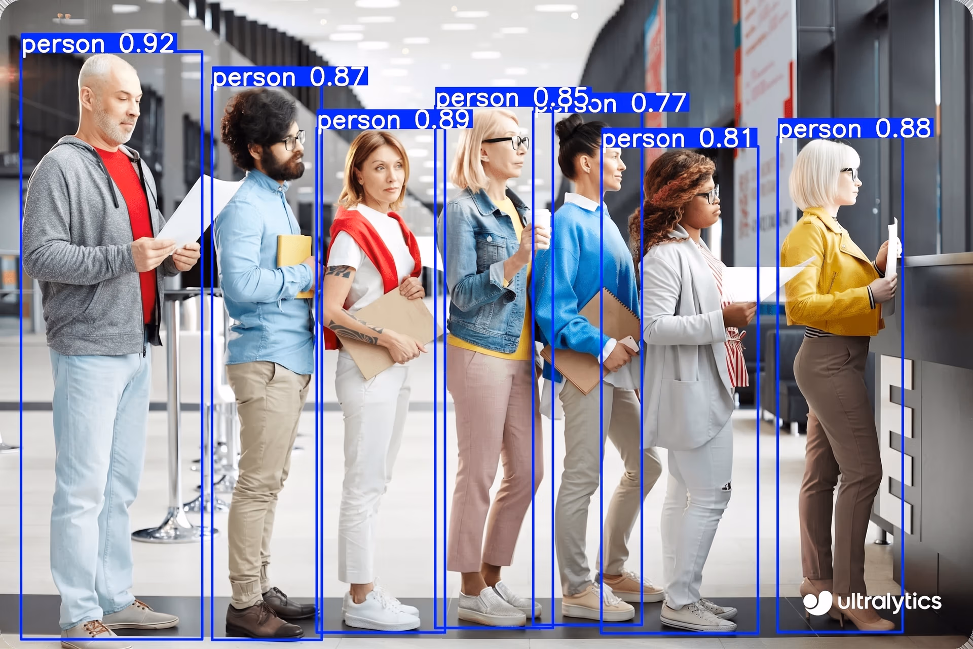 Ultralytics YOLO11 object detection monitoring people in a bank queue
